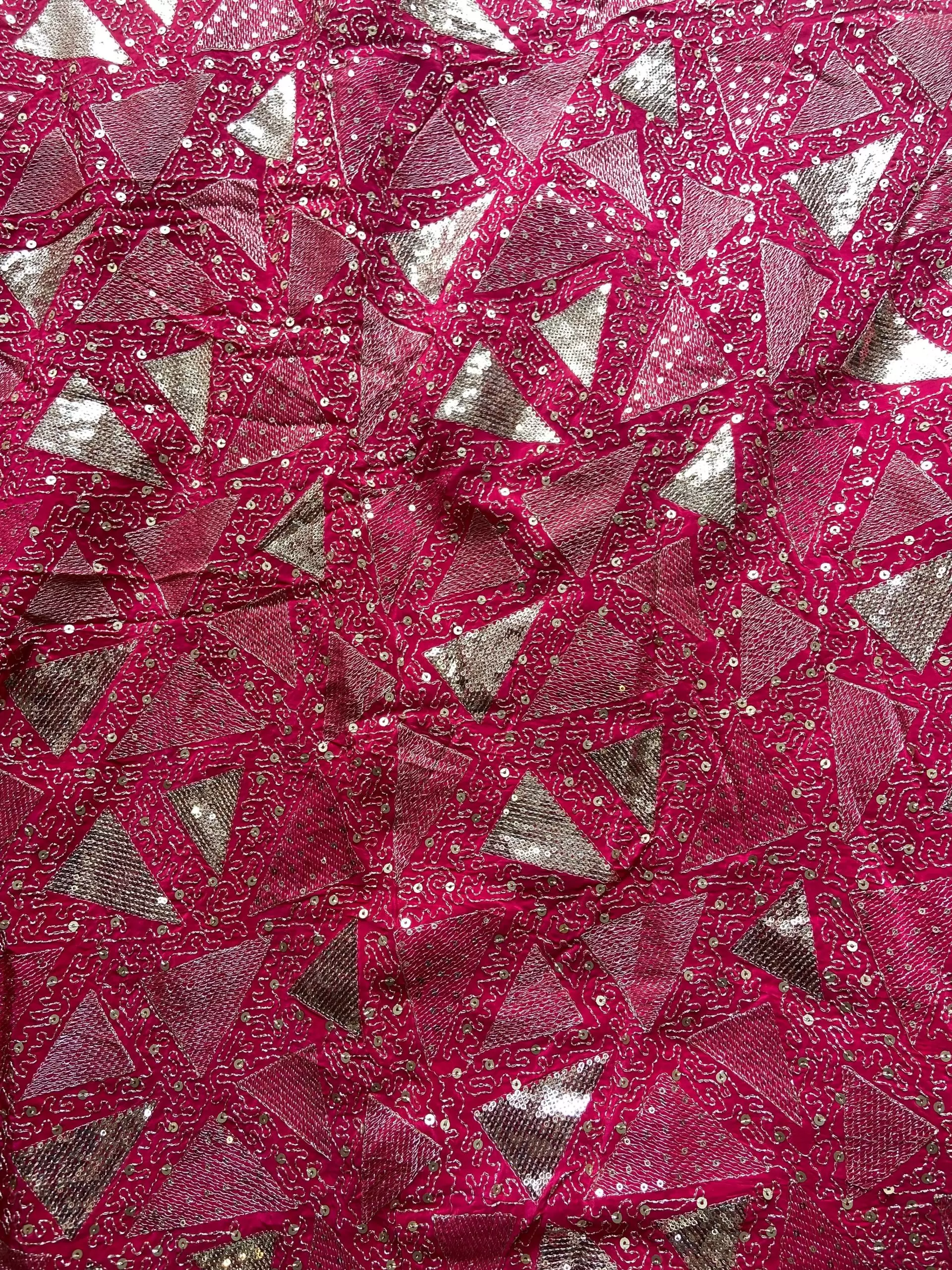 Triangular pattern heavy sequin and zari embroidered Rani Pink Pure crepe fabric