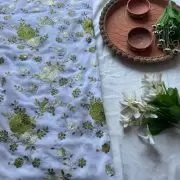 Floral green shaded thread Embroidery on white Pure Georgette Fabric