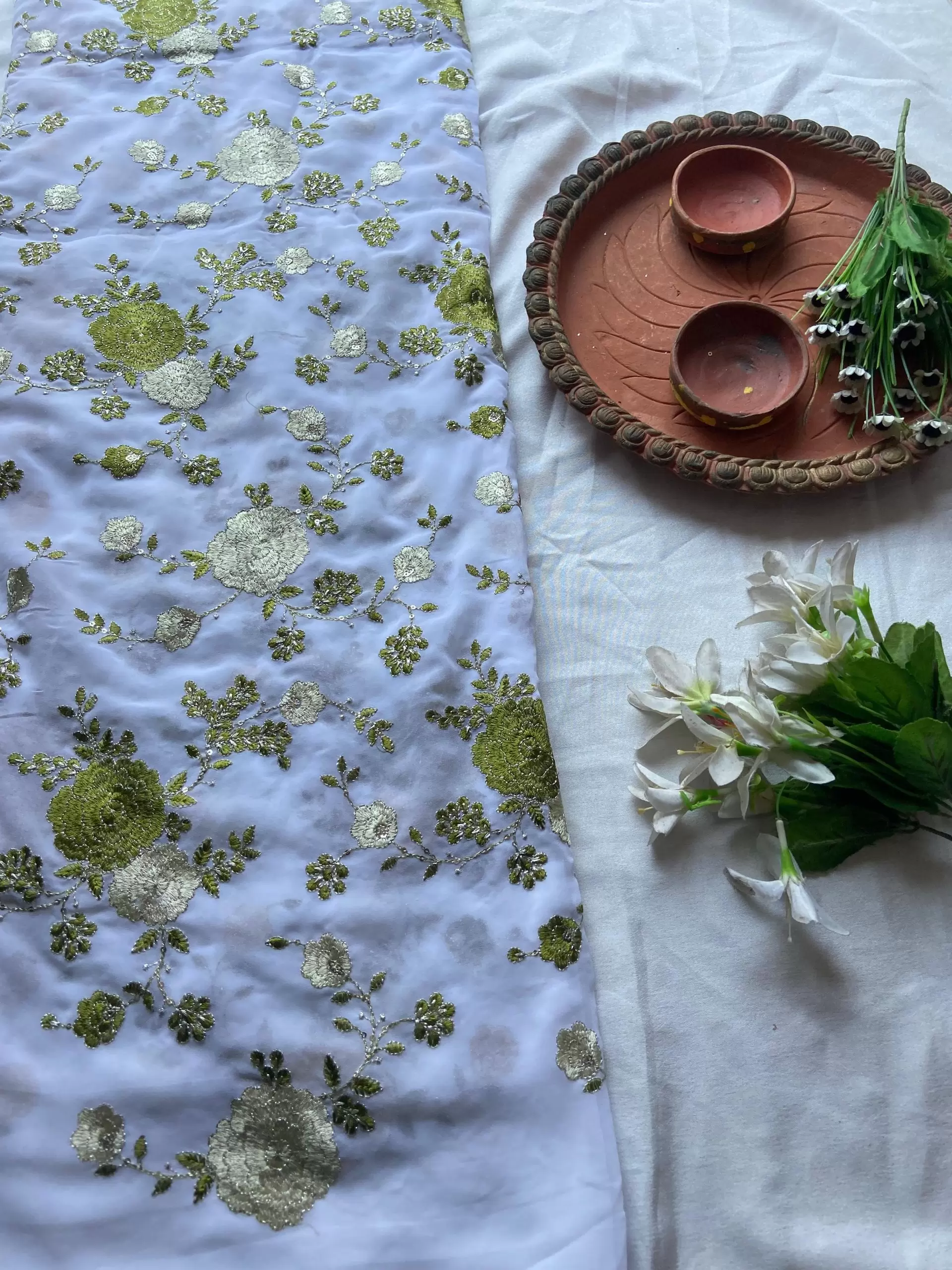 Floral green shaded thread Embroidery on white Pure Georgette Fabric