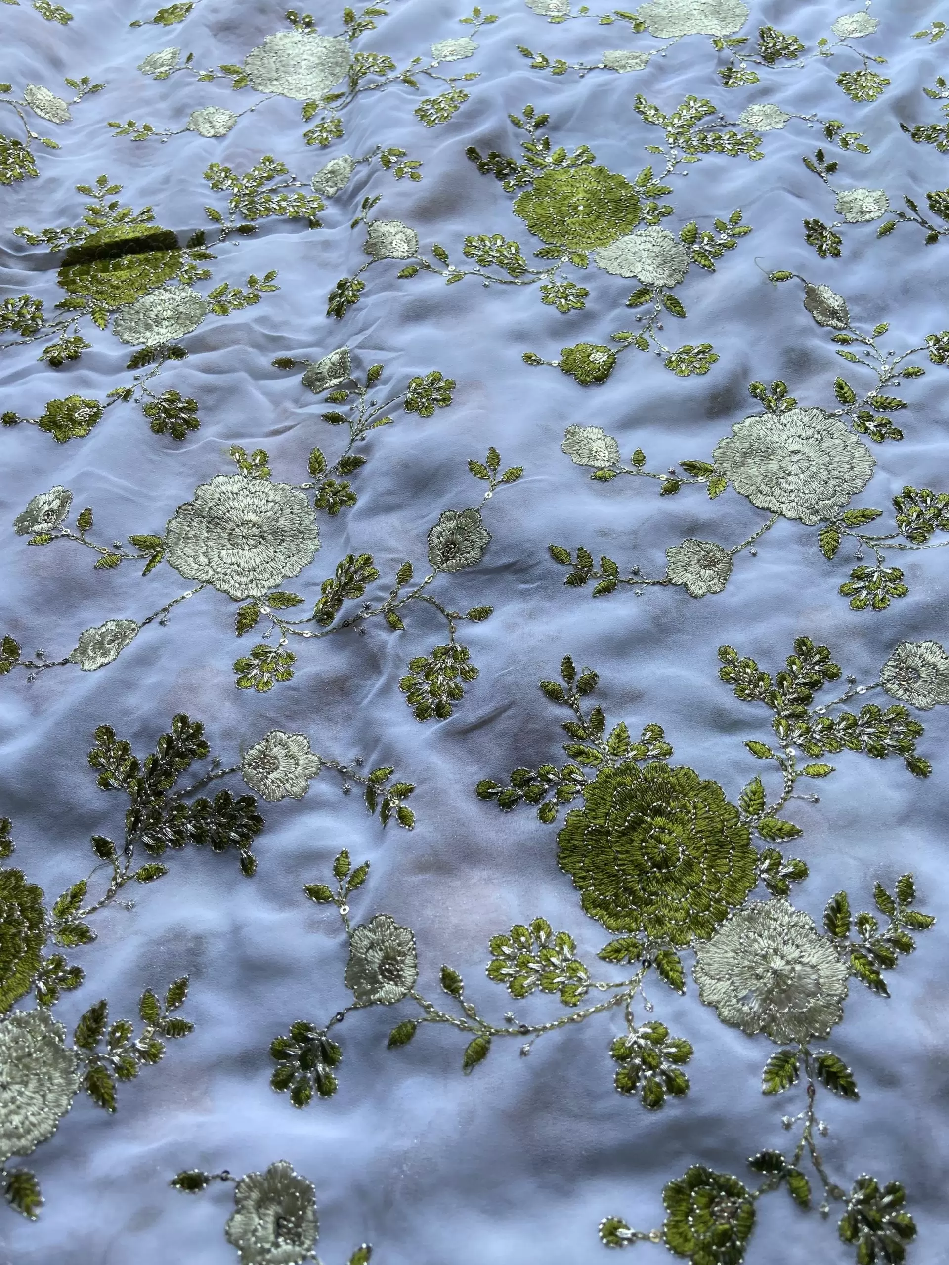 Floral green shaded thread Embroidery on white Pure Georgette Fabric