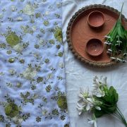 Multicolor abstract Sequin and Gota Embroideredon Green Pure chinon Fabric