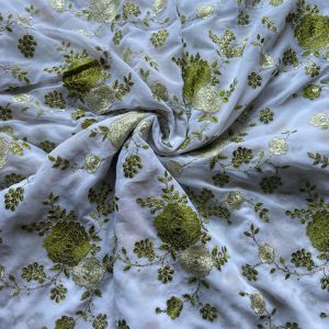 Multicolor abstract Sequin and Gota Embroideredon Green Pure chinon Fabric