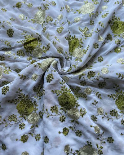 Multicolor abstract Sequin and Gota Embroideredon Green Pure chinon Fabric