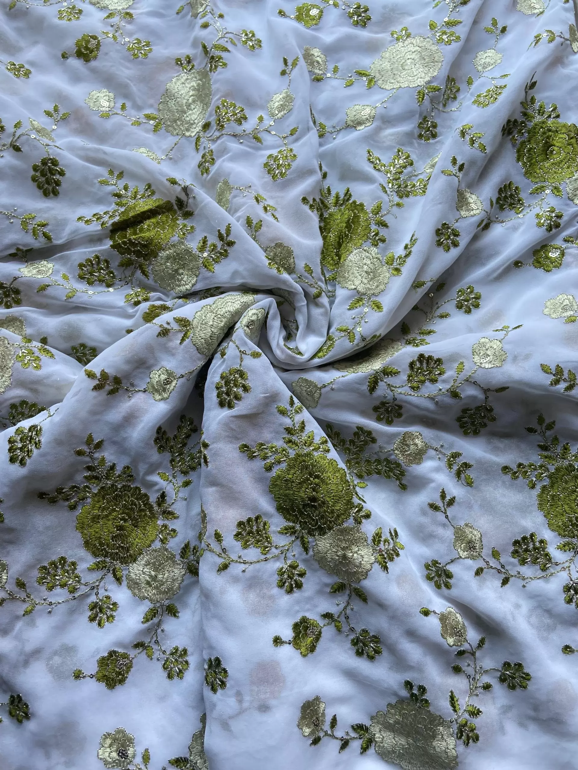 Floral green shaded thread Embroidery on white Pure Georgette Fabric