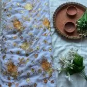 Floral Yellow shaded thread Embroidery on white Pure Georgette Fabric