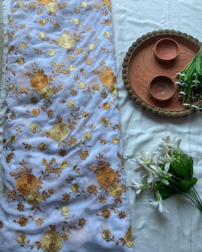 Multicolor abstract Sequin and Gota Embroidered on Yellow Pure chinon Fabric