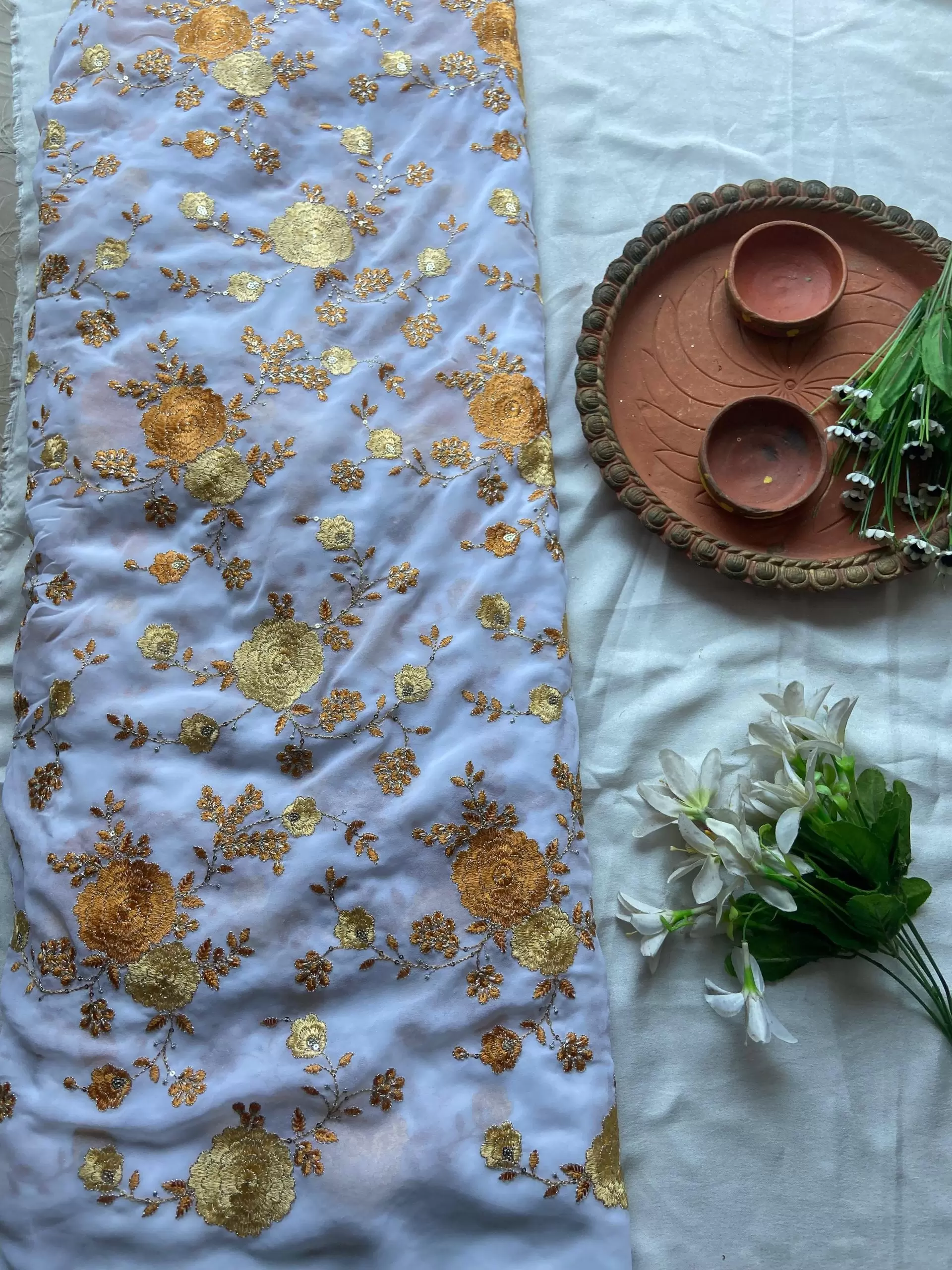 Floral Yellow shaded thread Embroidery on white Pure Georgette Fabric