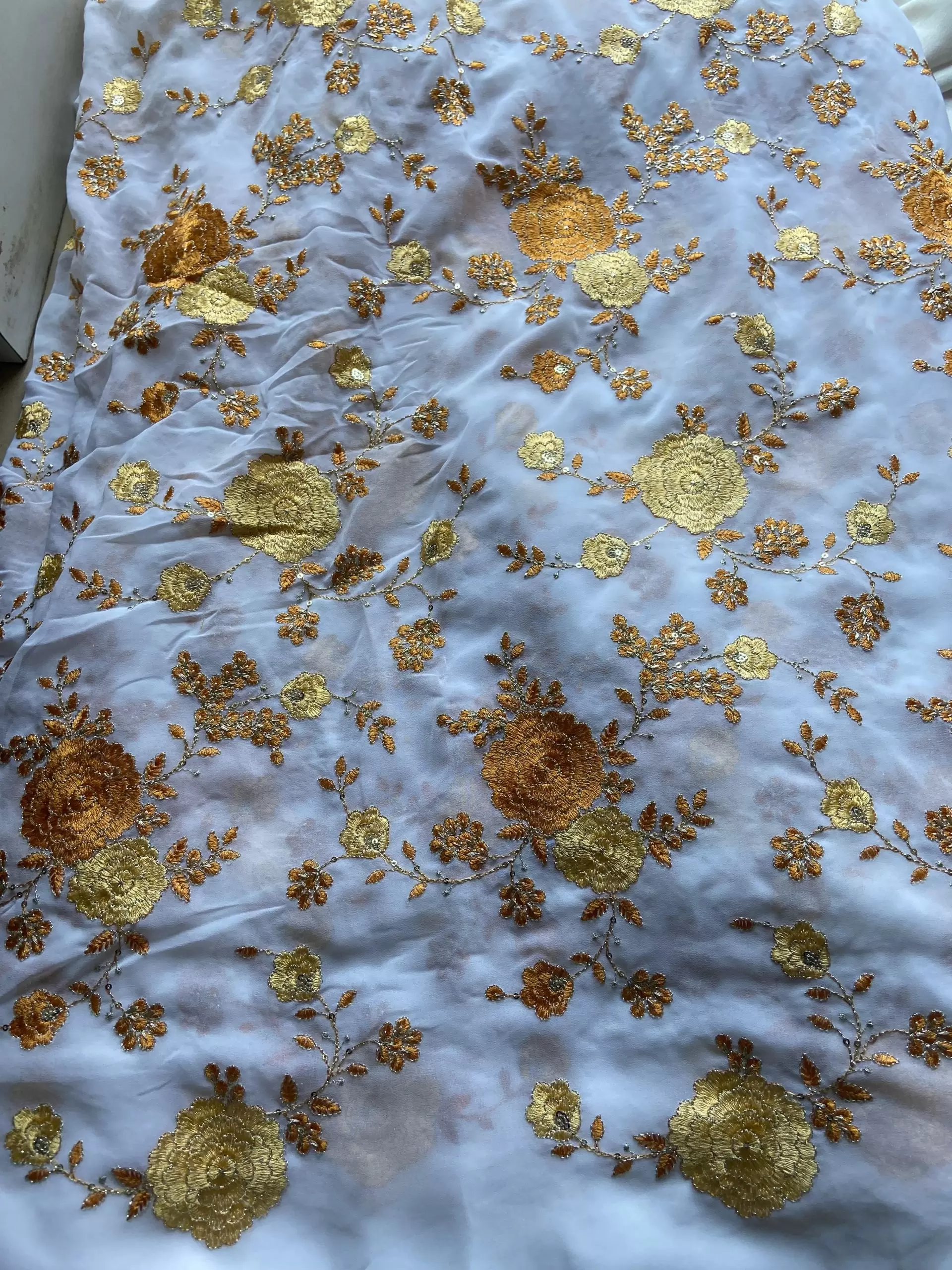 Floral Yellow shaded thread Embroidery on white Pure Georgette Fabric