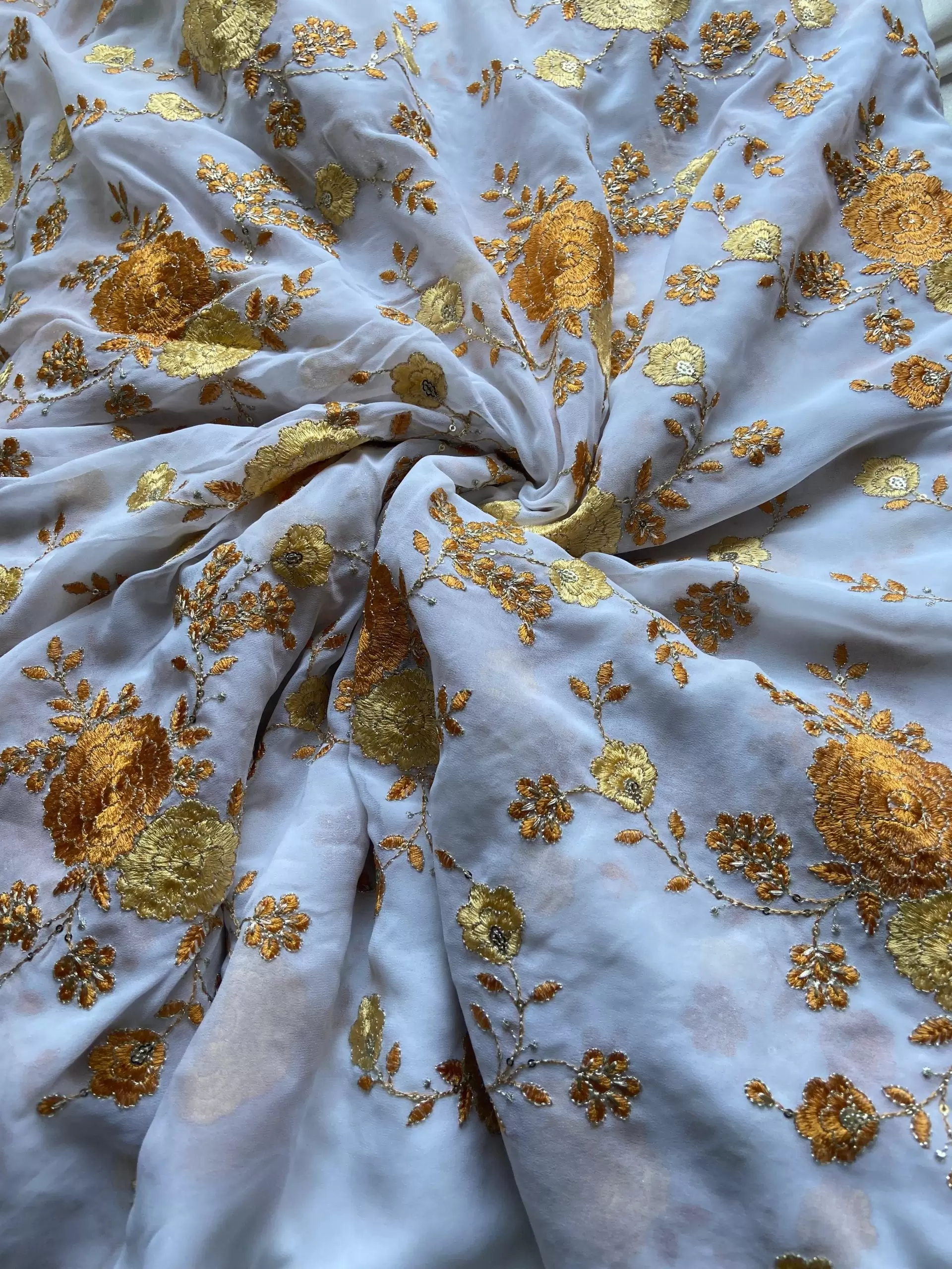 Floral Yellow shaded thread Embroidery on white Pure Georgette Fabric