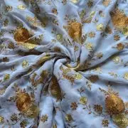 Floral Yellow shaded thread Embroidery on white Pure Georgette Fabric