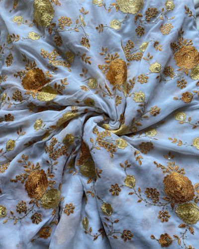 Multicolor abstract Sequin and Gota Embroidered on Yellow Pure chinon Fabric