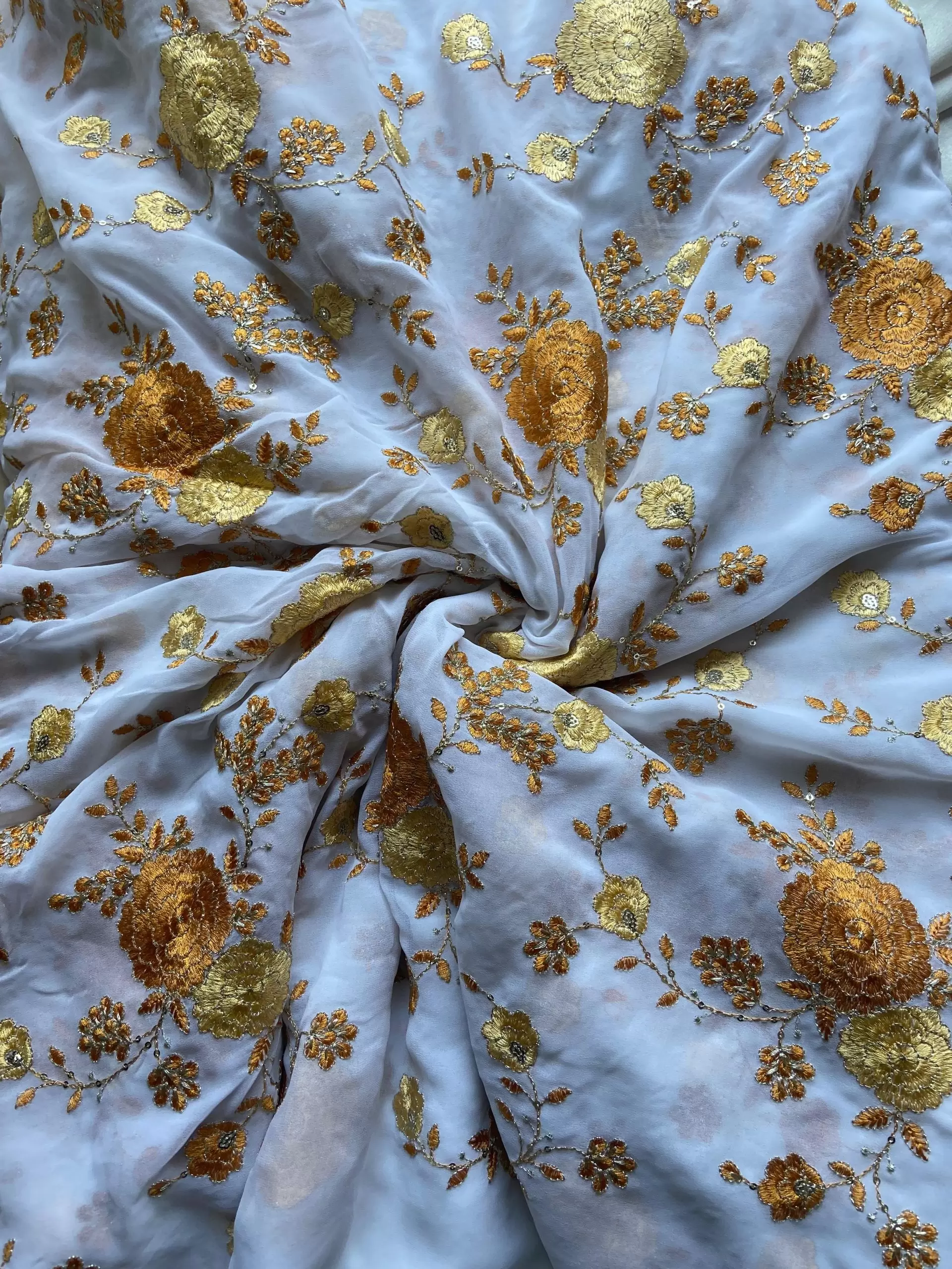 Floral Yellow shaded thread Embroidery on white Pure Georgette Fabric