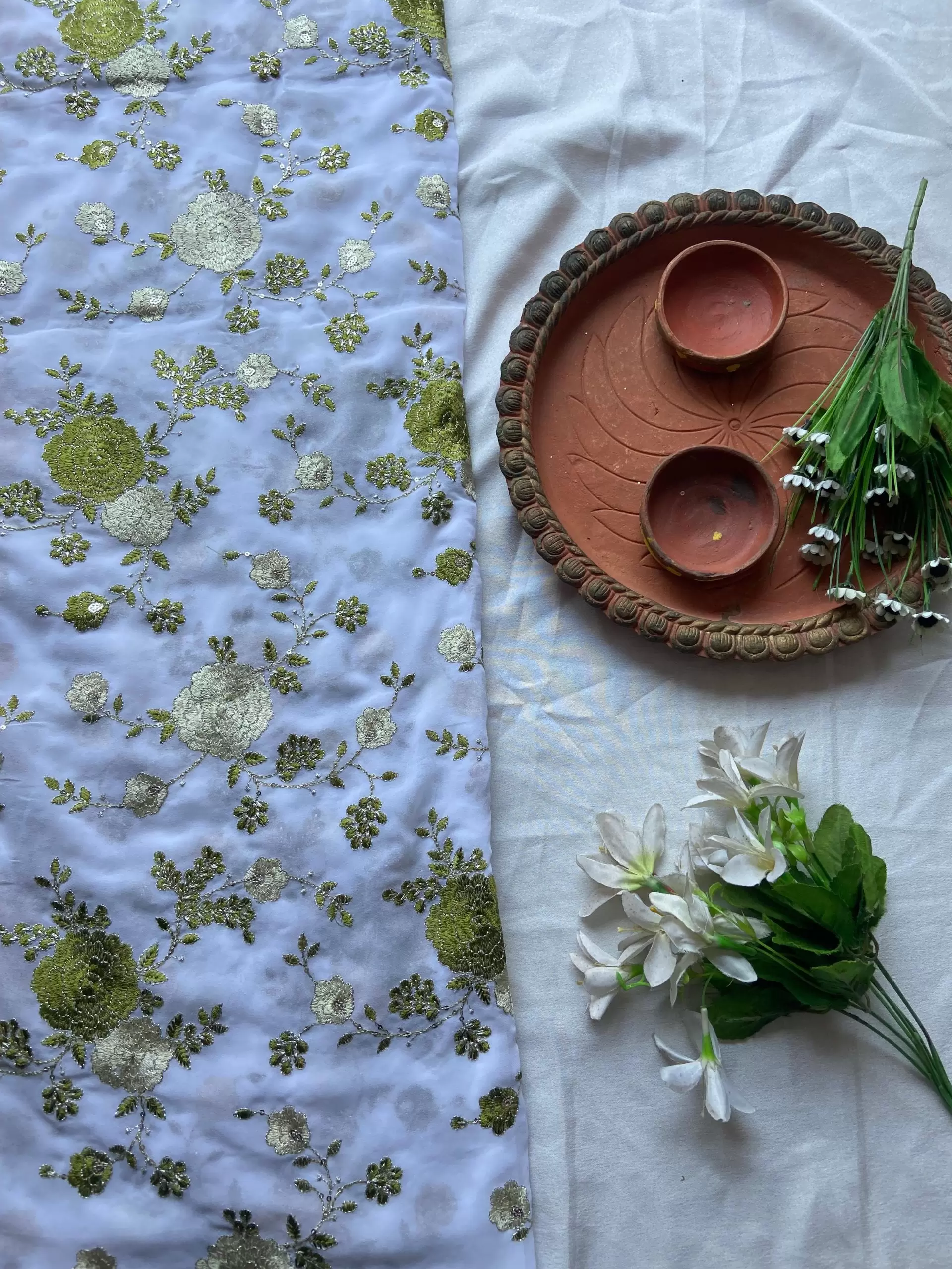 Floral green shaded thread Embroidery on white Pure Georgette Fabric