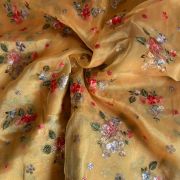 Multicolour Floral Thread and Sequin Embroidery on Yellow Pure Organza Fabri