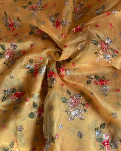 Multicolour Floral Thread and Sequin Embroidery on Yellow Pure Organza Fabri