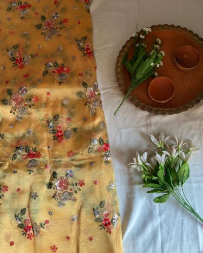 Multicolour Floral Thread and Sequin Embroidery on Yellow Pure Organza Fabri