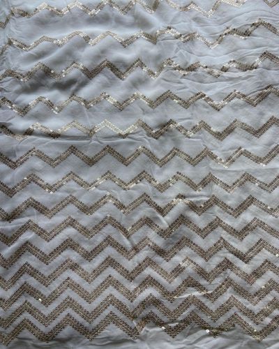 Heavy zari and sequin embroidery zig zag pattern on white georgette fabric
