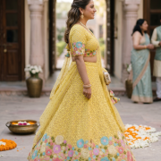 Bright Yellow Lehenga Style With Multicoloured Floral Pattern Mirror & Thread Embroidery Georgette Fabric”