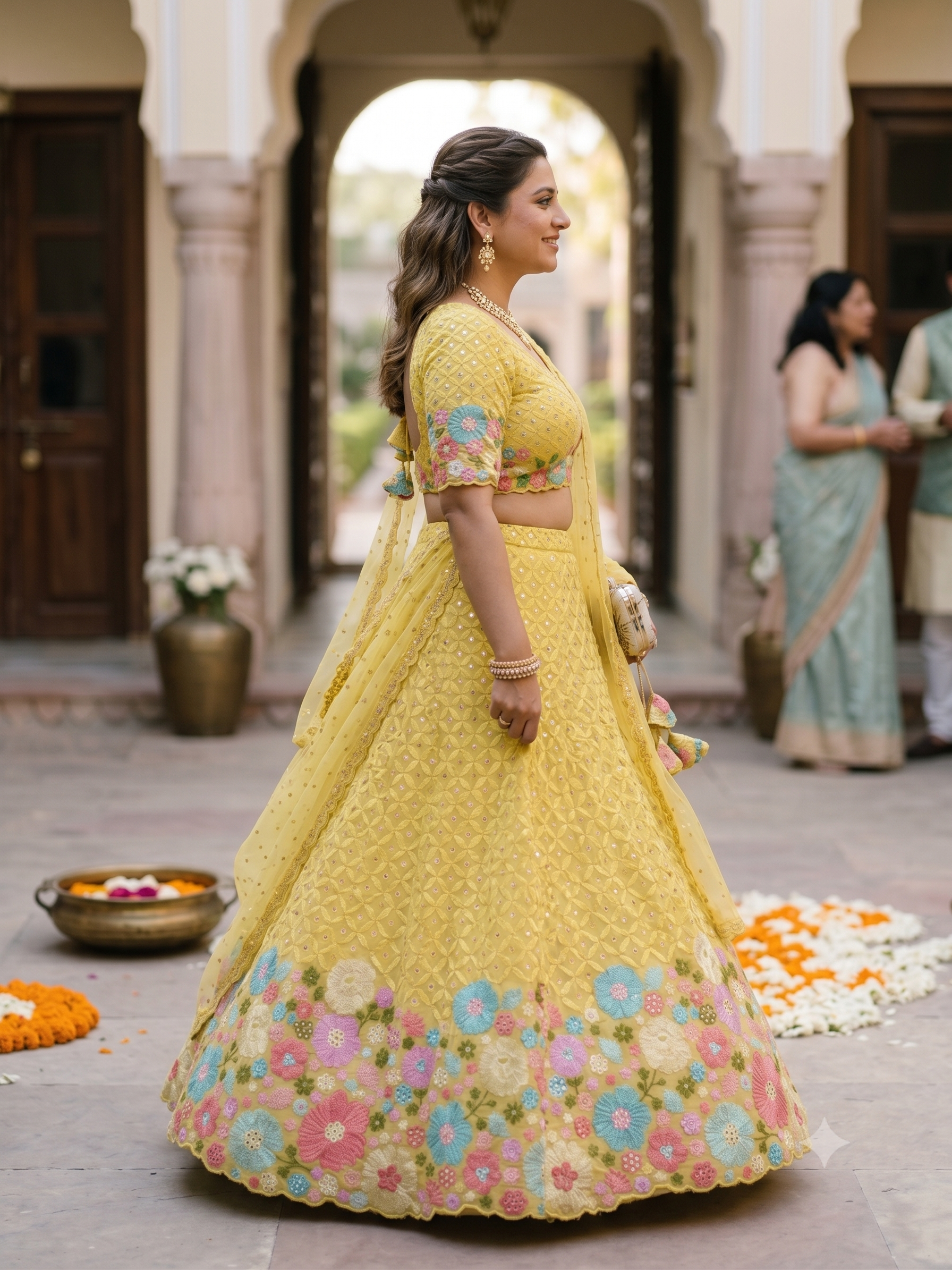 Bright Yellow Lehenga Style With Multicoloured Floral Pattern Mirror & Thread Embroidery Georgette Fabric”