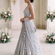 Lehenga Style With All Over Stripes Srquin Embroidery On Creme To Powder Blue Shaded Pure Georgette Fabric
