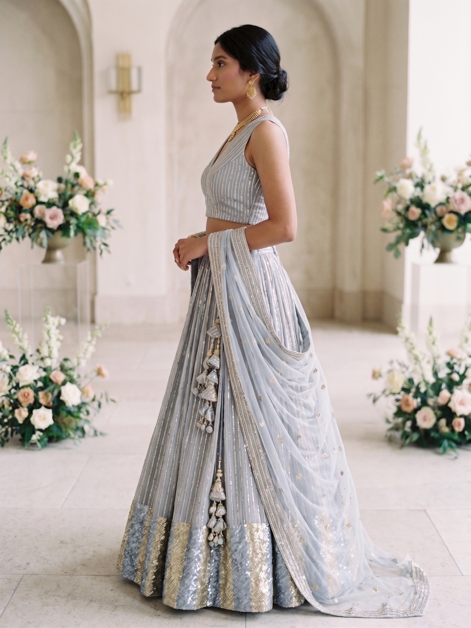 Lehenga Style With All Over Stripes Srquin Embroidery On Creme To Powder Blue Shaded Pure Georgette Fabric
