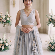 Lehenga Style With All Over Stripes Srquin Embroidery On Creme To Powder Blue Shaded Pure Georgette Fabric