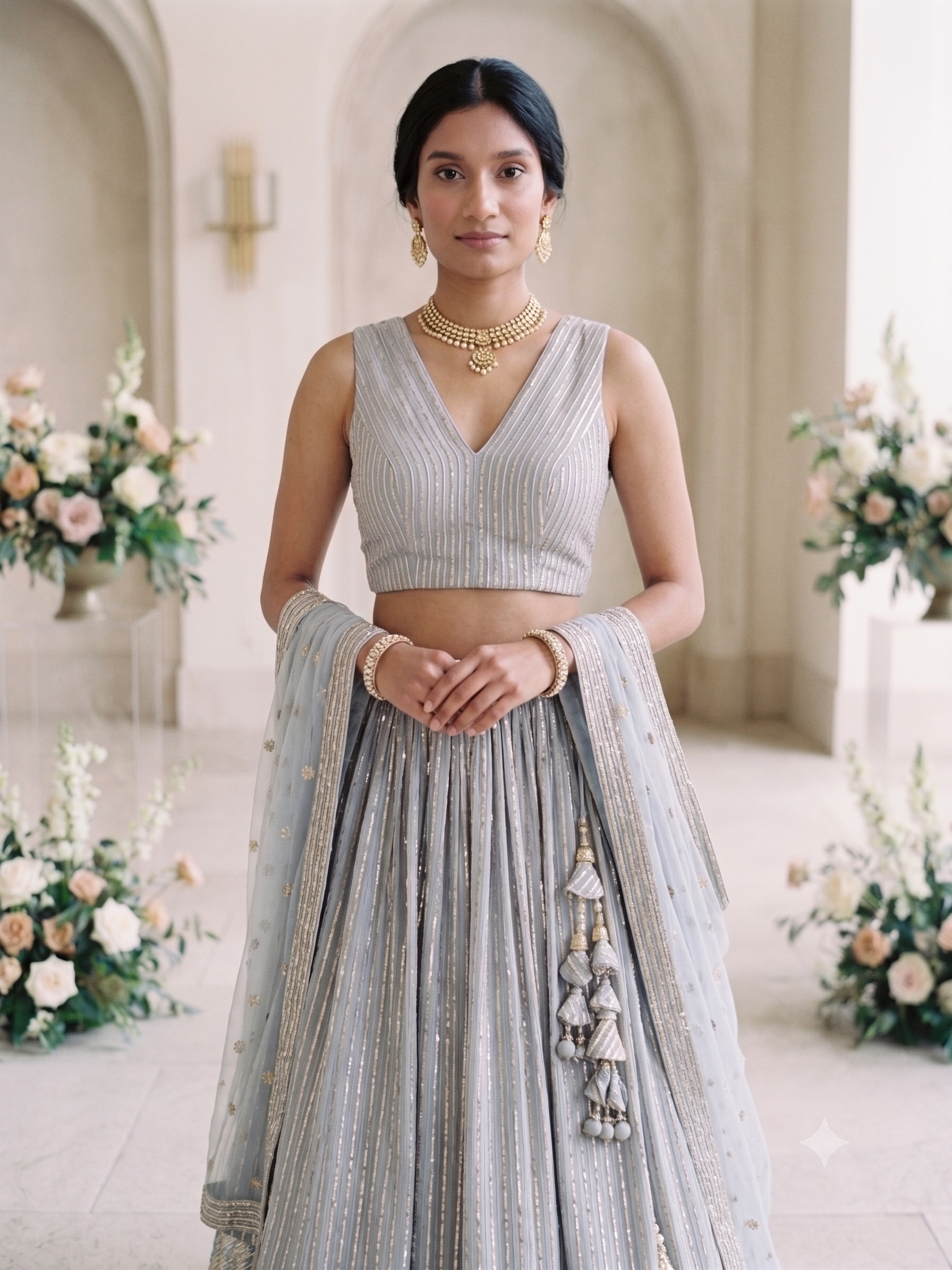 Lehenga Style With All Over Stripes Srquin Embroidery On Creme To Powder Blue Shaded Pure Georgette Fabric