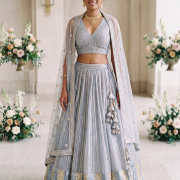 Lehenga Style With All Over Stripes Srquin Embroidery On Creme To Powder Blue Shaded Pure Georgette Fabric