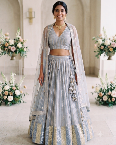 Lehenga Style With All Over Stripes Srquin Embroidery On Creme To Powder Blue Shaded Pure Georgette Fabric