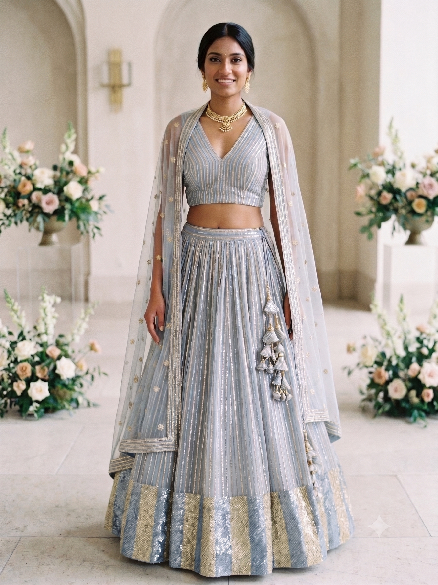 Lehenga Style With All Over Stripes Srquin Embroidery On Creme To Powder Blue Shaded Pure Georgette Fabric