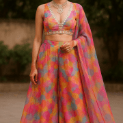 Pink Jumpsuit Style Multicolour Tie & Dye Shibori Printed Organza Fabricwith Gold Foil Detailing