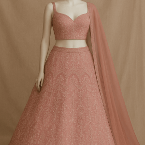 Baby pink lehenga style with white thread embroidery on georgette fabric