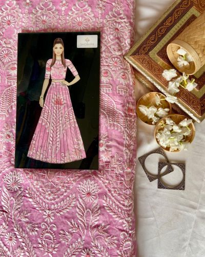 Baby pink lehenga style with white thread embroidery on georgette fabric