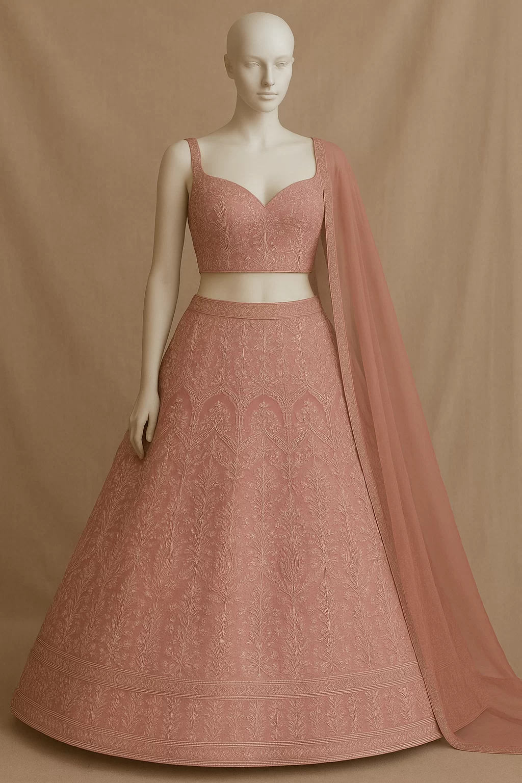 Baby pink lehenga style with white thread embroidery on georgette fabric