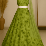 Oliver Green Lehenga Style With Tie & Dye Shibori Printed and Gold Foil Embroidery Organza Fabric
