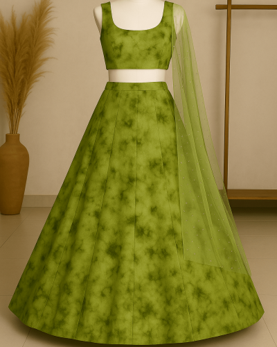 Oliver Green Lehenga Style With Tie & Dye Shibori Printed and Gold Foil Embroidery Organza Fabric