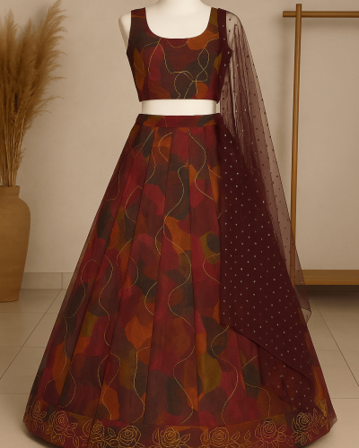 Multicolour lehenga style with tie & dye shibori printed and gold foil embroidery on organza fabric