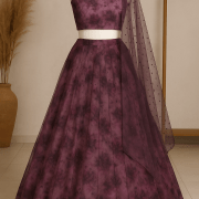 Wine Lehenga Style With Tie & Dye Shibori Printed and Gold Foil Embroidery Organza Fabric