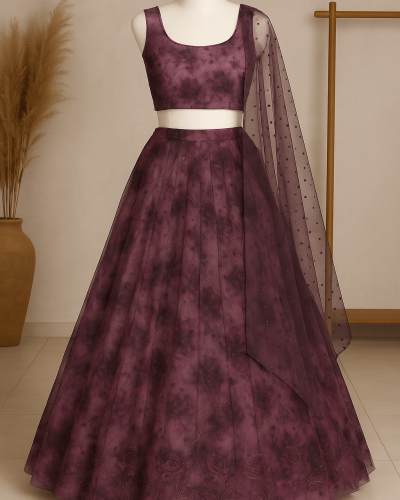 Wine Lehenga Style With Tie & Dye Shibori Printed and Gold Foil Embroidery Organza Fabric