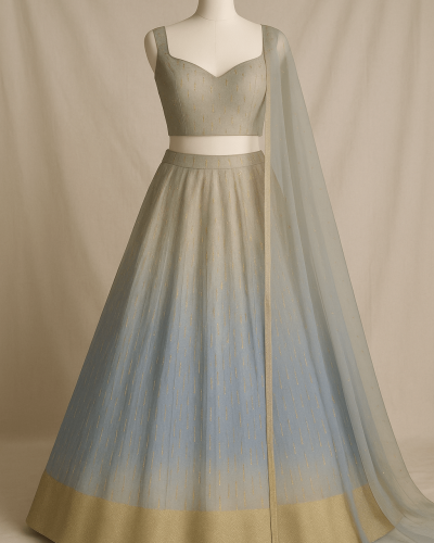 Lehenga Style With All Over Stripes Srquin Embroidery On Creme To Powder Blue Shaded Pure Georgette Fabric