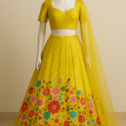 Bright Yellow Lehenga Style With Multicoloured Floral Pattern Mirror & Thread Embroidery Georgette Fabric”