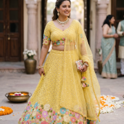 Bright Yellow Lehenga Style With Multicoloured Floral Pattern Mirror & Thread Embroidery Georgette Fabric”