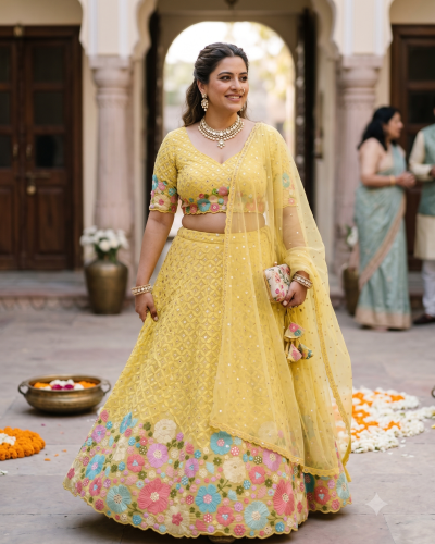 Bright Yellow Lehenga Style With Multicoloured Floral Pattern Mirror & Thread Embroidery Georgette Fabric”