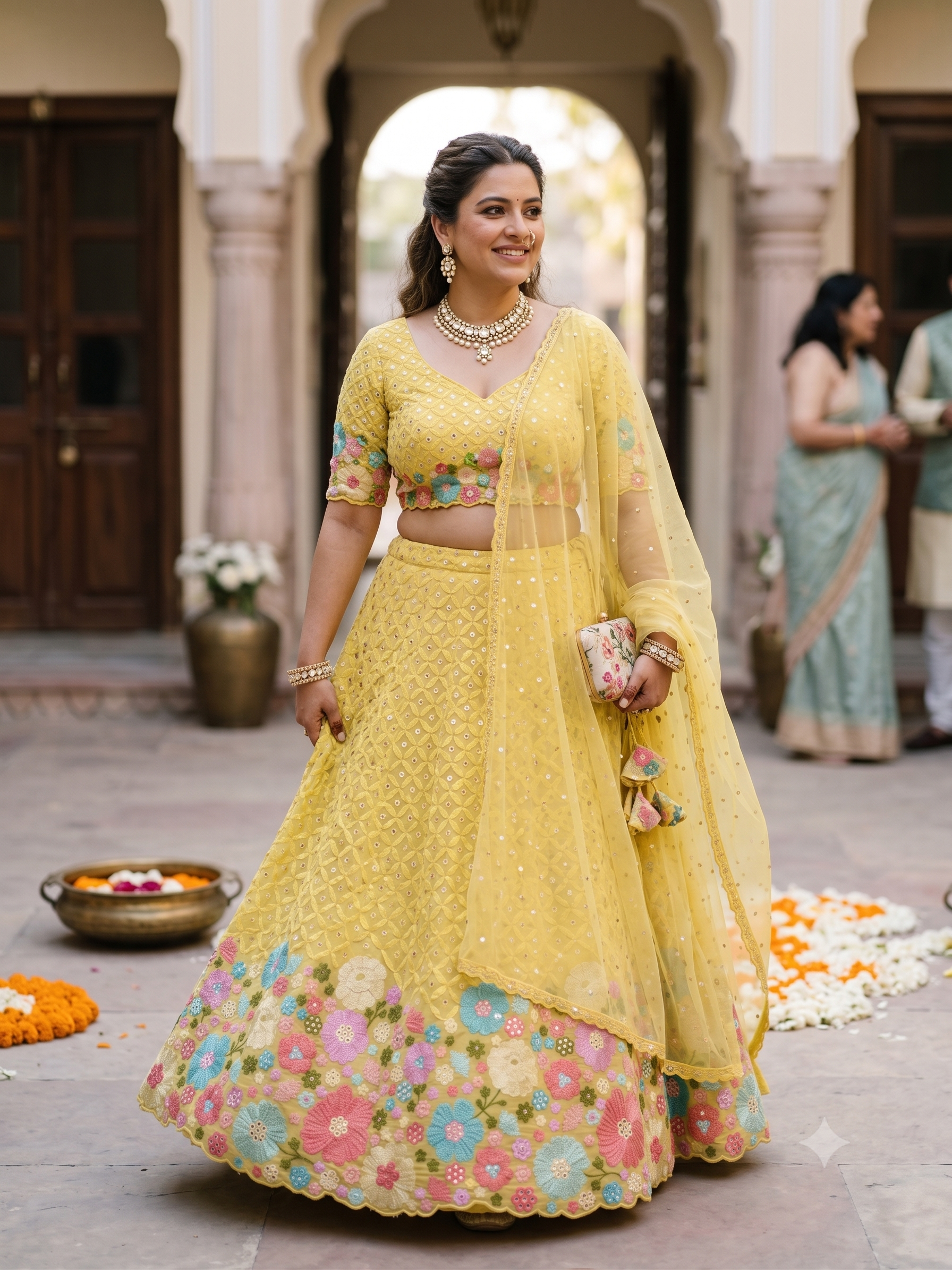 Bright Yellow Lehenga Style With Multicoloured Floral Pattern Mirror & Thread Embroidery Georgette Fabric”