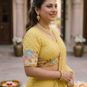 Bright Yellow Lehenga Style With Multicoloured Floral Pattern Mirror & Thread Embroidery Georgette Fabric”