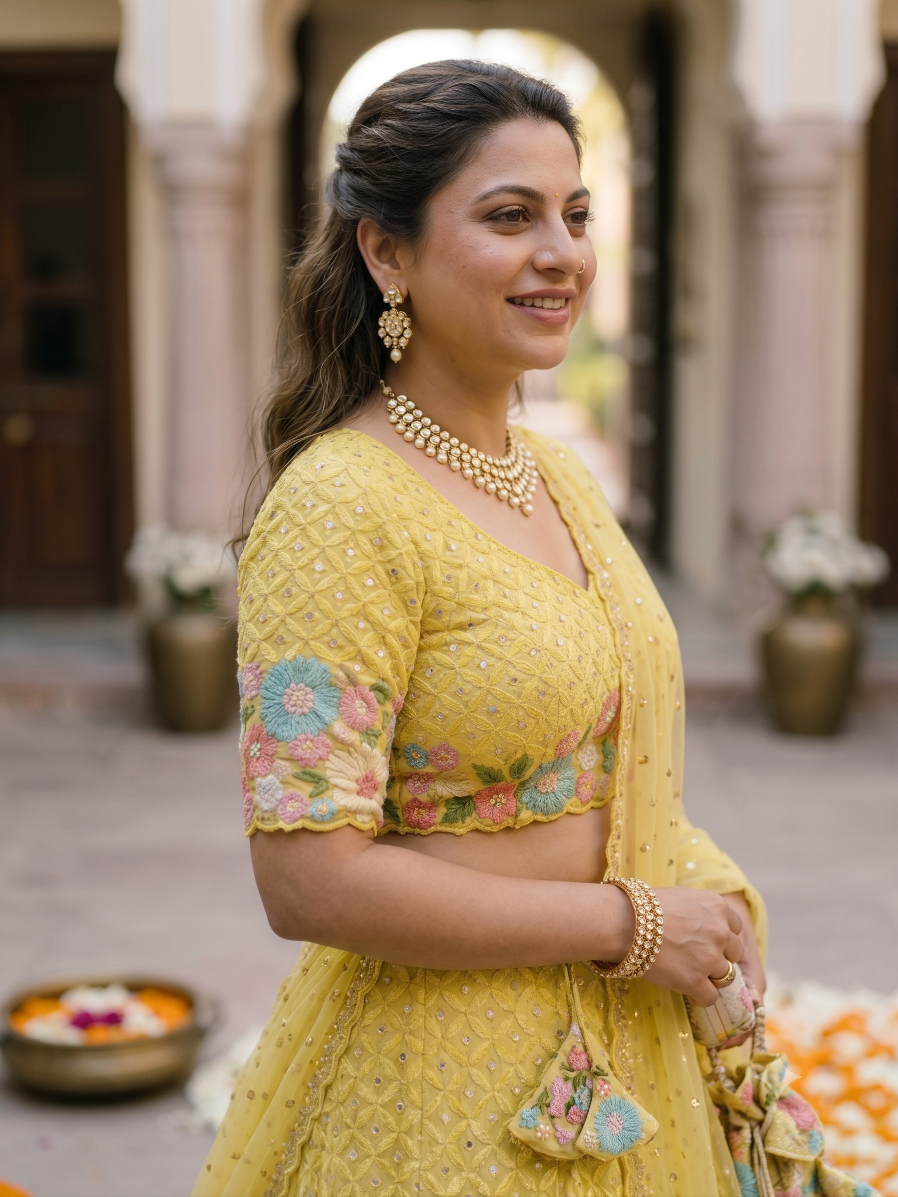 Bright Yellow Lehenga Style With Multicoloured Floral Pattern Mirror & Thread Embroidery Georgette Fabric”