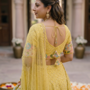 Bright Yellow Lehenga Style With Multicoloured Floral Pattern Mirror & Thread Embroidery Georgette Fabric”