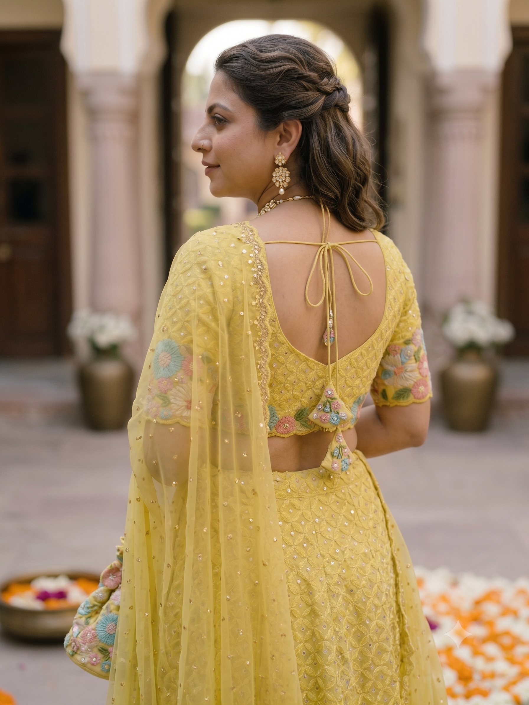 Bright Yellow Lehenga Style With Multicoloured Floral Pattern Mirror & Thread Embroidery Georgette Fabric”
