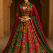 Rani pink to green lehenga style with position print & zari and sequin embroidery on crepe fabric