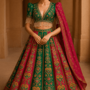 Rani pink to green lehenga style with position print & zari and sequin embroidery on crepe fabric